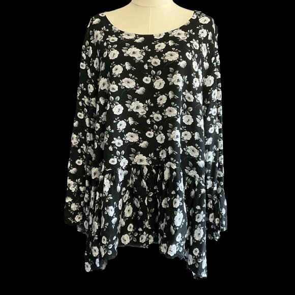 Black/White Floral Print Peplum Top w/ Bell Ruffle Sleeves - Picture 1 of 1